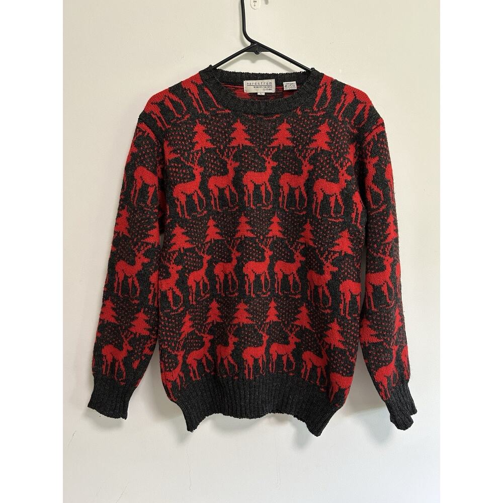 Vintage Nordstrom Reindeer Sweater Shetland Wool Red Gray Retro Grandpa Tree
